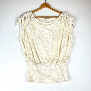 Deletta Lace Floral Semi Sheer Ruched Shoulder Blouse NWT Romantic Fairy